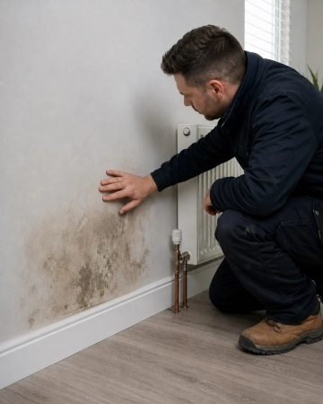 Plumber inspecting damp wall